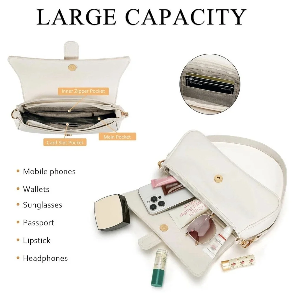 Shoulder Bag for Women Small Handbag Hobo Purses, Retro Clutch Leather Off White